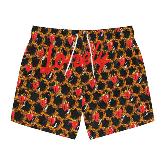 Heart Flame Swim Trunks — Bold Red Heart Pattern AOP