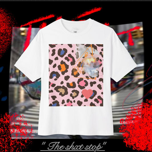 Pink Leopard Art Tee — Colorful Collage Graphic Boxy T-Shirt